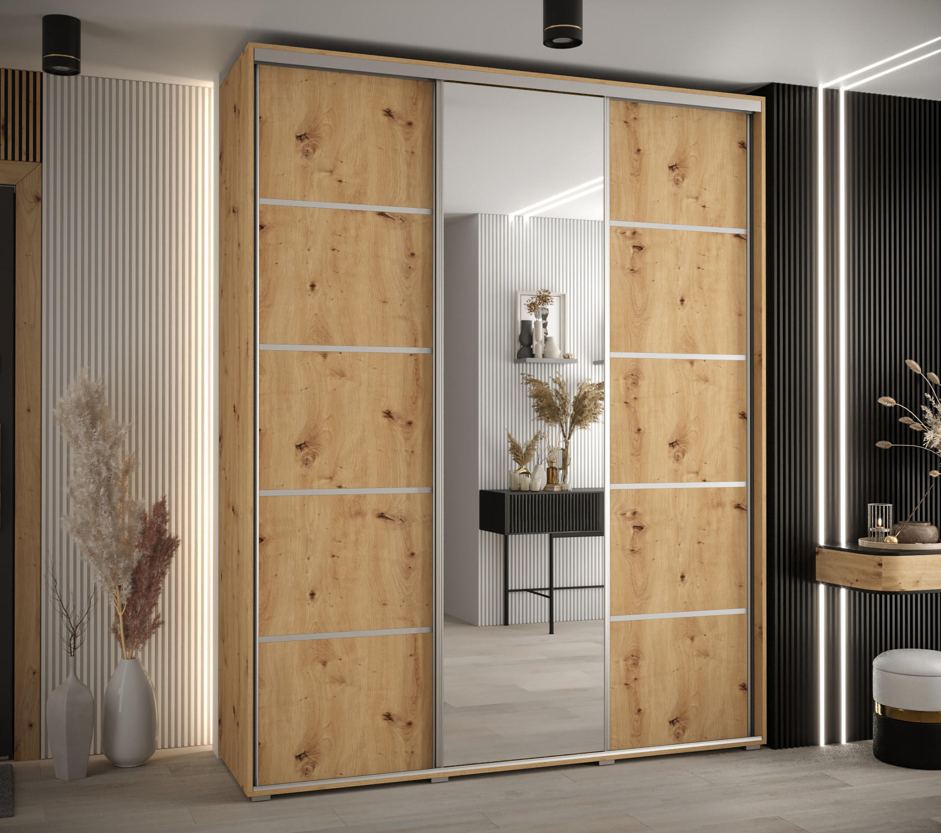SCHWEBETÜRENSCHRANK 235,2/180/60 3-türig - Silberfarben/Eiche Artisan, Holz/Metall (180/235/60cm) - Abiks Möbel