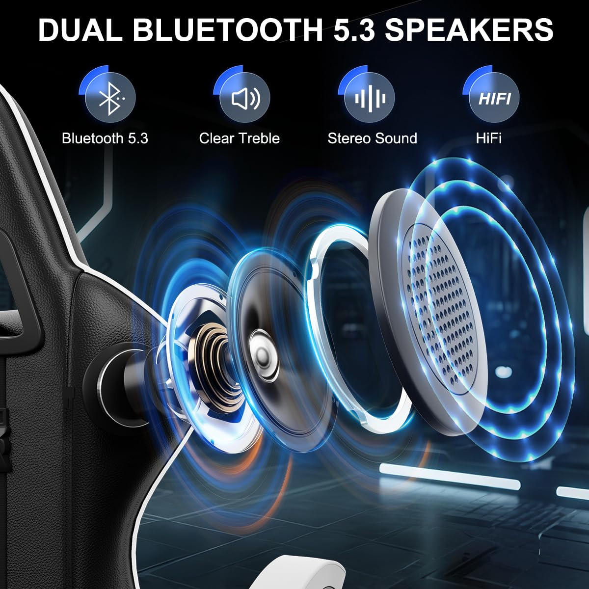 GAMINGSTUHL Schwarz-Blau mit Bluetooth Lautsprechern ergonomisch höhenverstellbar - Blau, Metall (66/124/58cm) - Rattrix