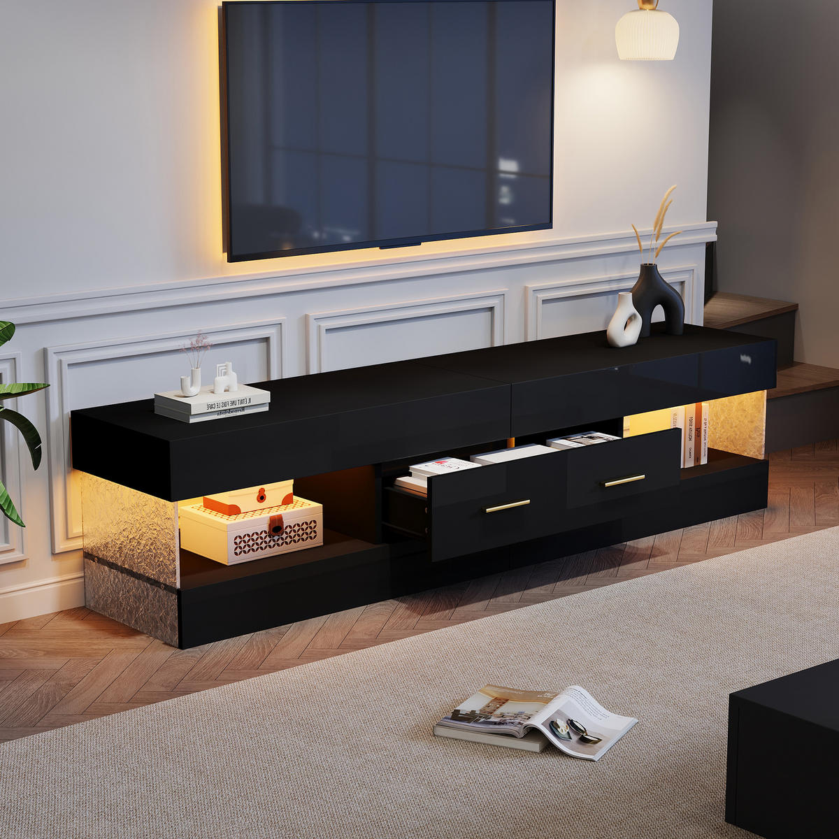 TV-SCHRANK schwarz mit Acryl-Seitenwänden, zwei Schubladen und LED-Beleuchtung 152 × 35 × 40 cm aus Spanplatte - Schwarz, Holzwerkstoff (152/40/35cm) - Luhomfu