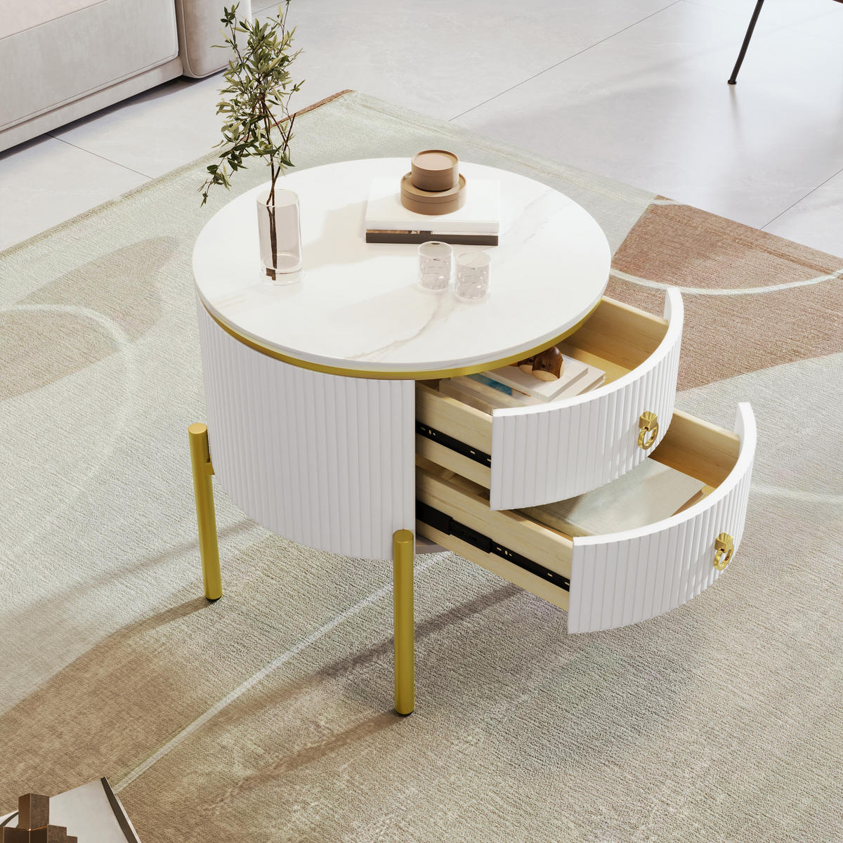 COUCHTISCH mit 2 Schubladen Marmorstruktur Gold 50/51 cm - Goldfarben/Weiß, Holzwerkstoff/Kunststoff (50/50/51cm) - EVRYAE