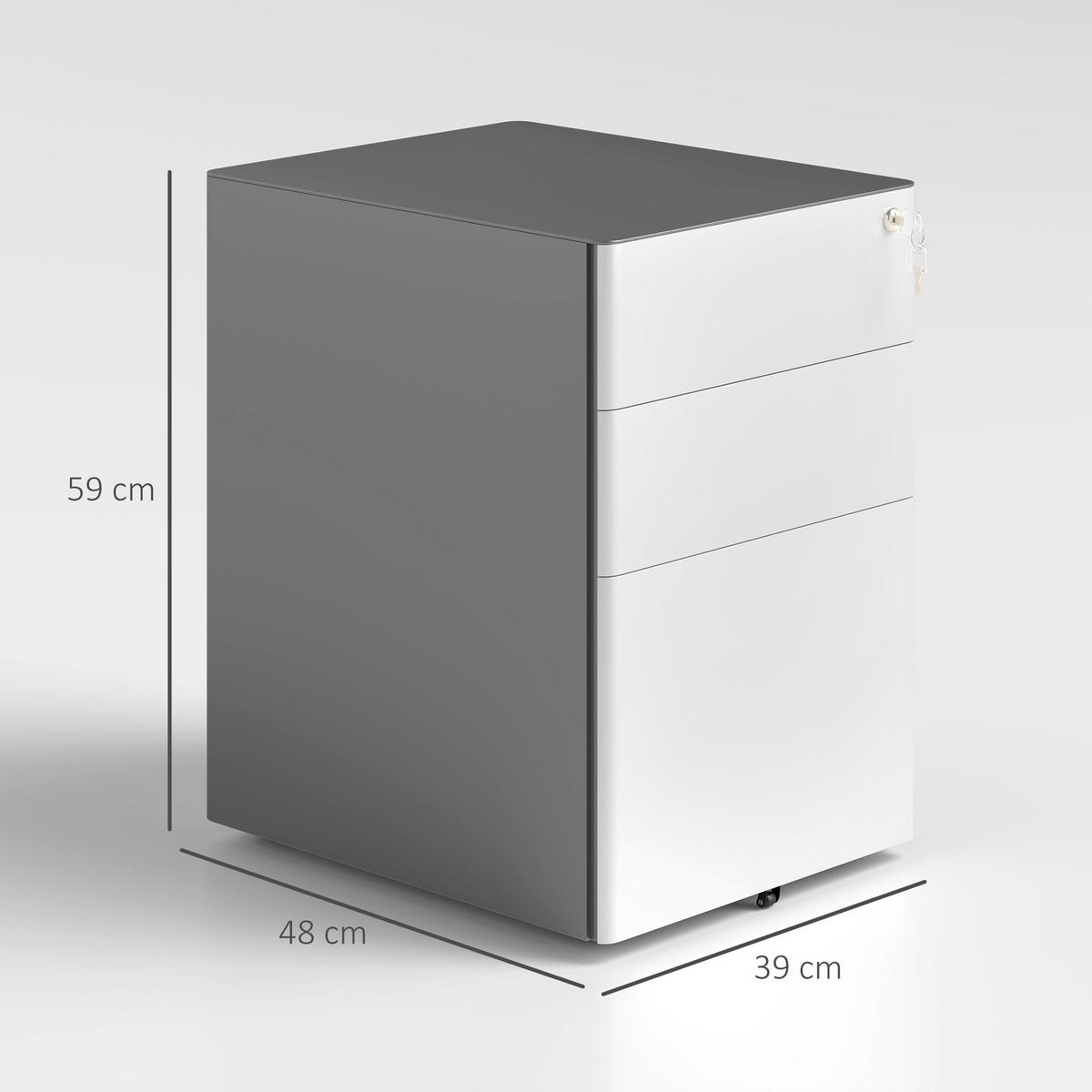 ROLLCONTAINER mit 3 Schubladen, 39 x 48 x 59 cm, Weiß+Grau - Multicolor, Metall (39/59/48cm) - Vinsetto