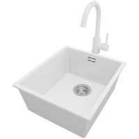 UNTERBAUSPÜLE GRANIT London, 2-er set Weiß 41/47 cm 1 Becken + Küchenarmatur 32/20 cm + Ablauf-Set ab 45er Unterschrank - Chromfarben/Weiß, Kunststoff (41/20/47cm) - Primagran