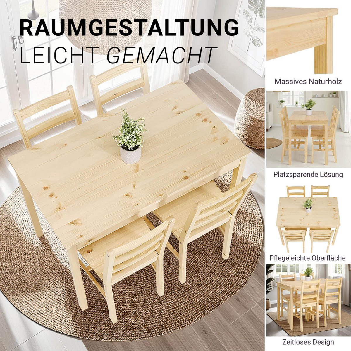 TISCHGRUPPE 108x65 cm natur mit 4 Stühlen - Naturfarben, Holz (65/86/108cm) - Homestyle4u