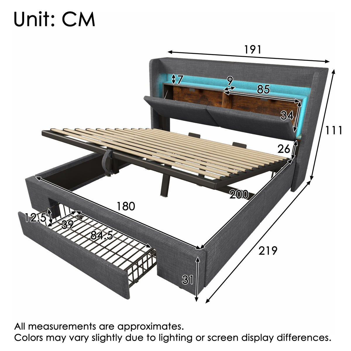 POLSTERBETT 180/200 cm mit LED, USB & USB-C, hydraulischem Stauraum und Kopfteil mit Ablage, Grau - Grau, Textil (180/200cm) - Redom