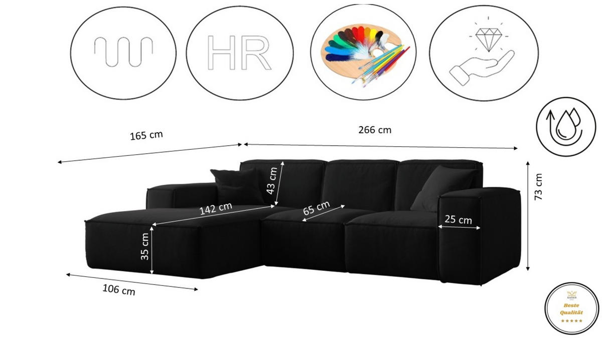 ECKSOFA L-Form Siena Stoff Salvador Schwarz Links - Schwarz, Holz (165/266cm) - Kaiser Möbel