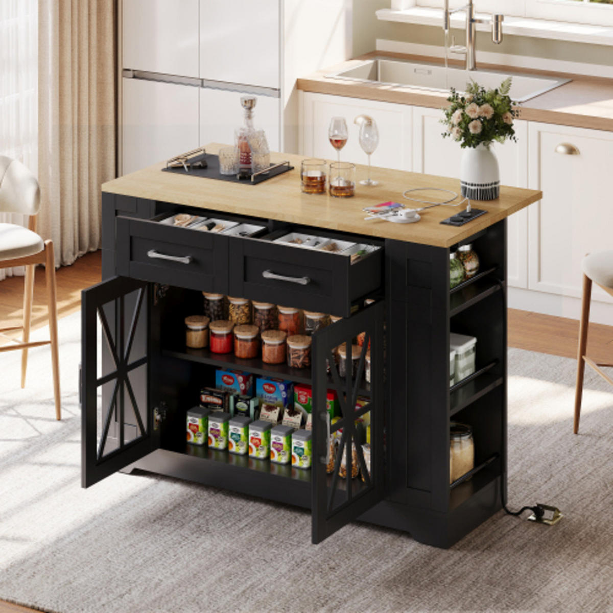 KÜCHENINSEL schwarz-Neutral aus MDF mit klappbarer Erweiterungsplatte, Steckdosen und Laufrollen 120 × 40(65) × 92 cm - Schwarz, Holzwerkstoff (120/92/65cm) - Luhomfu