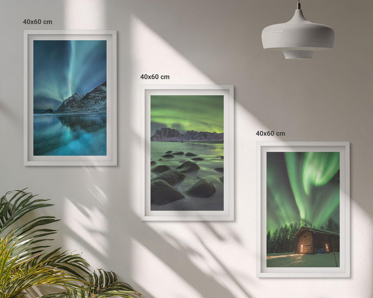 WANDBILDER 3er-Set - 40x60 cm Weißer Rahmen - Winterlandschaften, Nordlichter, Berge - Weiß, Kunststoff (40/60cm) - ArtPrintCave