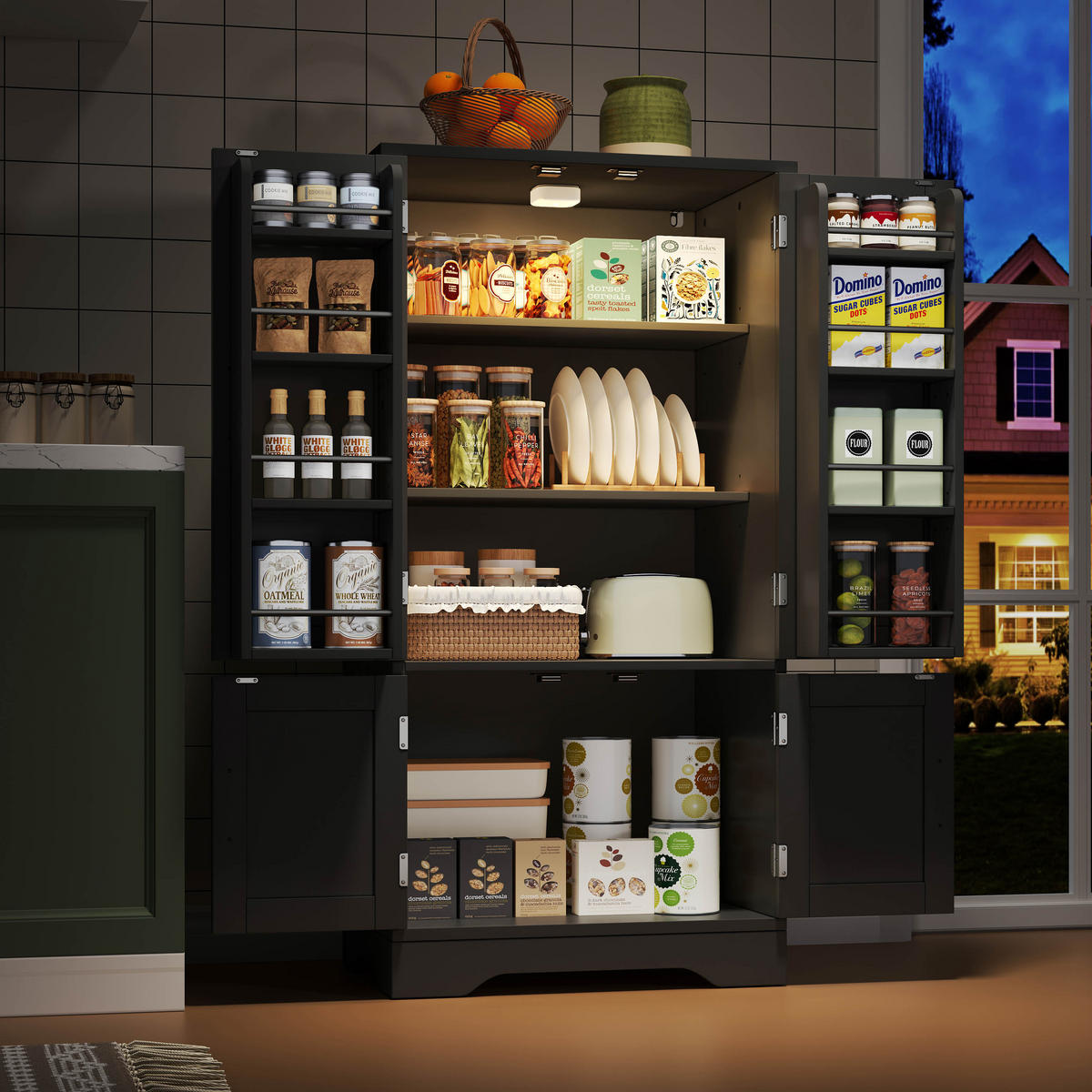 BUFFET Aufbewahrungsschrank 120x60x40cm Schwarz mit LED Licht & Wellentüren - Schwarz, Holzwerkstoff (40/120/60cm) - Modfu