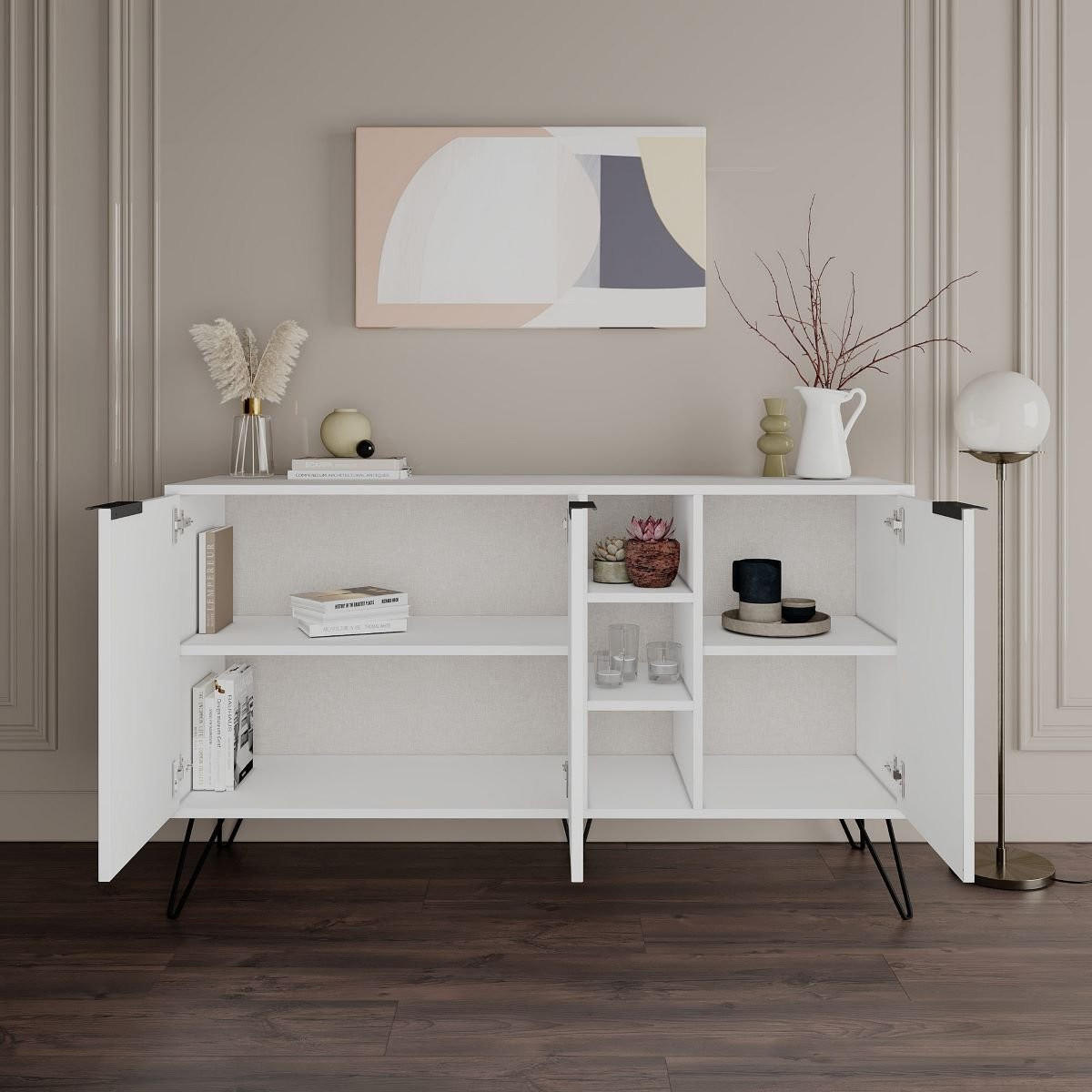 SIDEBOARD 3 Nischen und 3 Türen L142 cm - Clara - Weiß, Holzwerkstoff (35.6/83/142cm) - Calicosy
