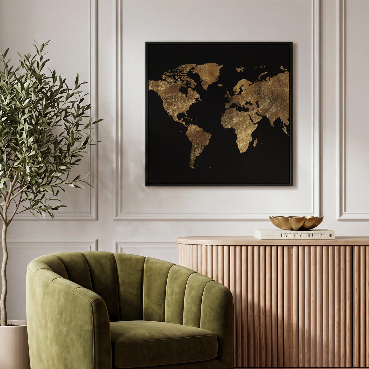 LEINWAND Bilder mit Rahmen - Weltkarte - Gold - Luxus - Erde - Schwarz - 50x50 - Goldfarben, Textil (50/50cm) - MuchoWow
