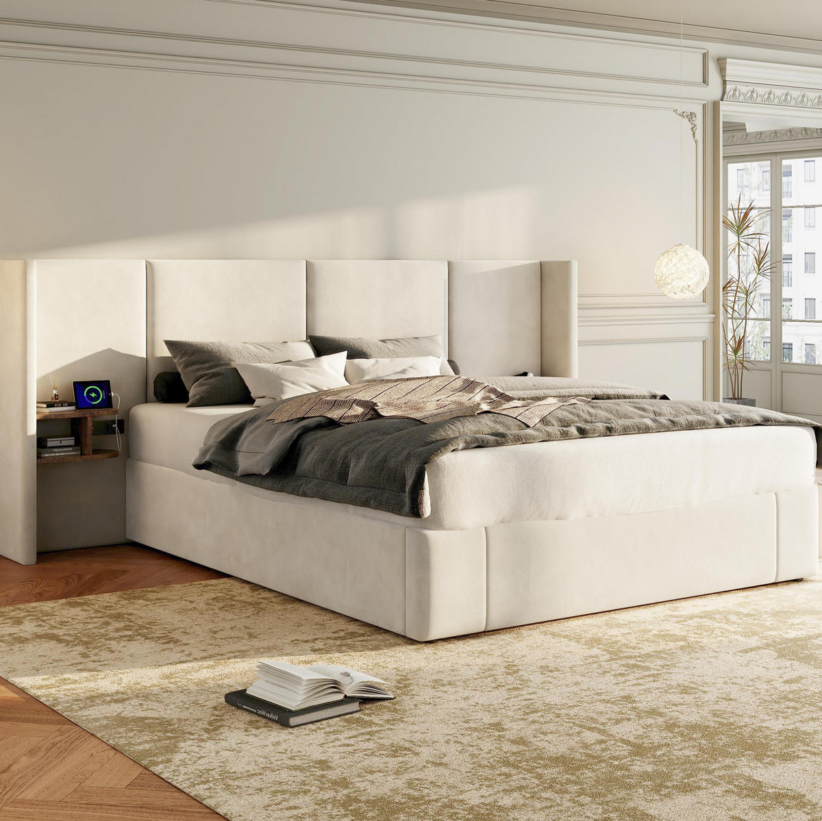 POLSTERBETT 160/200 cm aus Samt mit USB, Steckdosen und 2 Nachttischen Beige - Beige, Textil (160/200cm) - Modenvie
