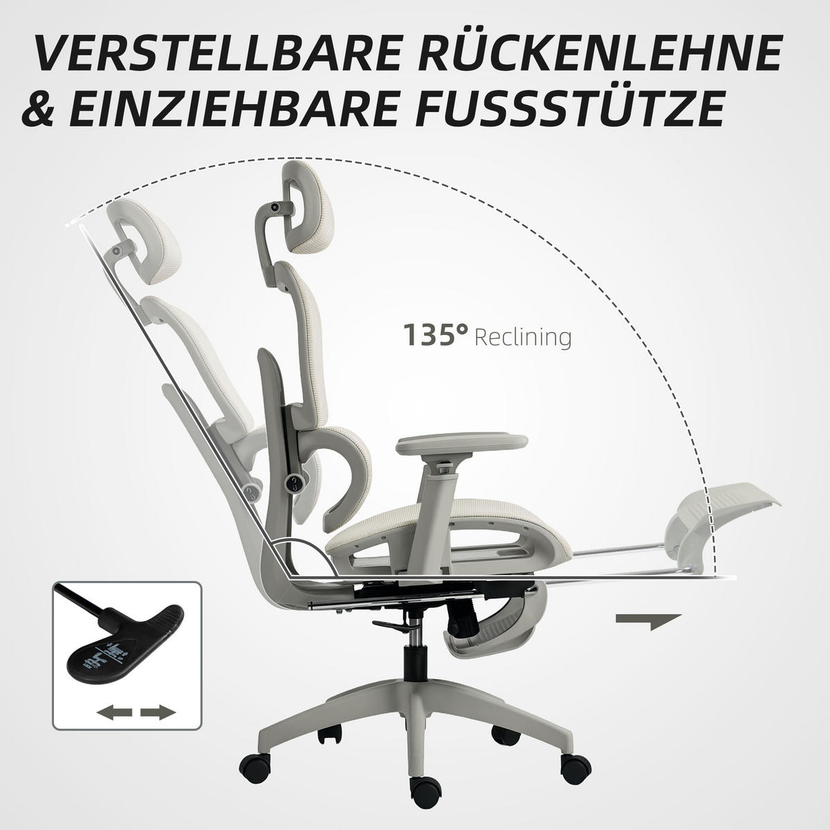 BÜROSTUHL mit Wippfunktion Liegefunktion Ergonomisch Höhenverstellbar Beige - Beige/Schwarz, Kunststoff/Textil (64/122/66cm) - HOMCOM