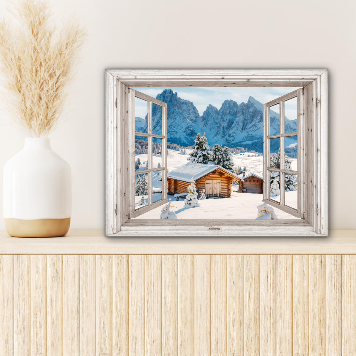 LEINWANDBILD Winterlandschaft - Hütte - Berge - Ausblicke - Aussicht - Natur Wandbild 40x30 cm - Weiß Hochglanz, Textil (40/30cm) - MuchoWow