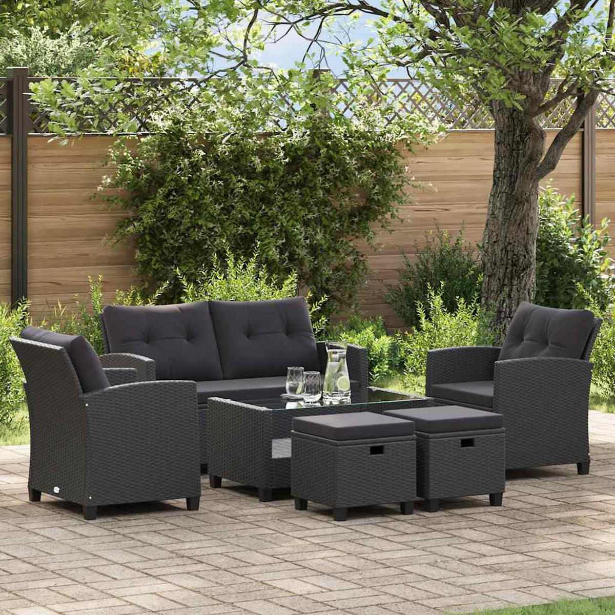 LOUNGEGARNITUR mit Auflagen und 92 cm Couchtisch, aus Poly Rattan und Glas, Schwarz, 6-teiliges Set - Schwarz, Textil/Metall - vidaXL
