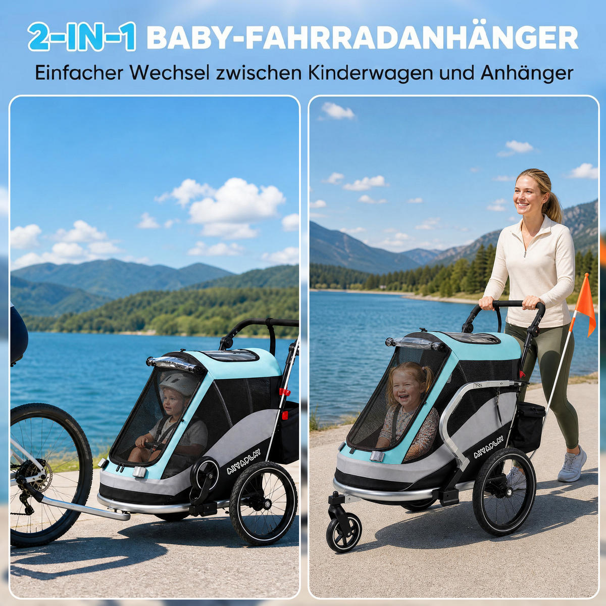 KINDER-FAHRRADANHÄNGER Stahl Aluminium Hellblau - Hellblau, Metall (65/98/155cm) - AIYAPLAY