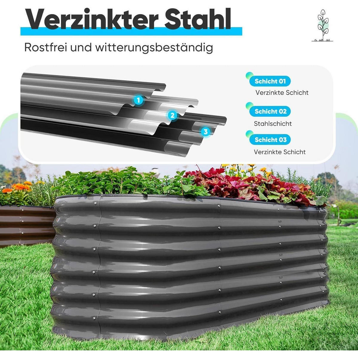 HOCHBEET Metall Grau 180 x 90 x 45 cm - Schwarz, Metall (90/45/180cm)