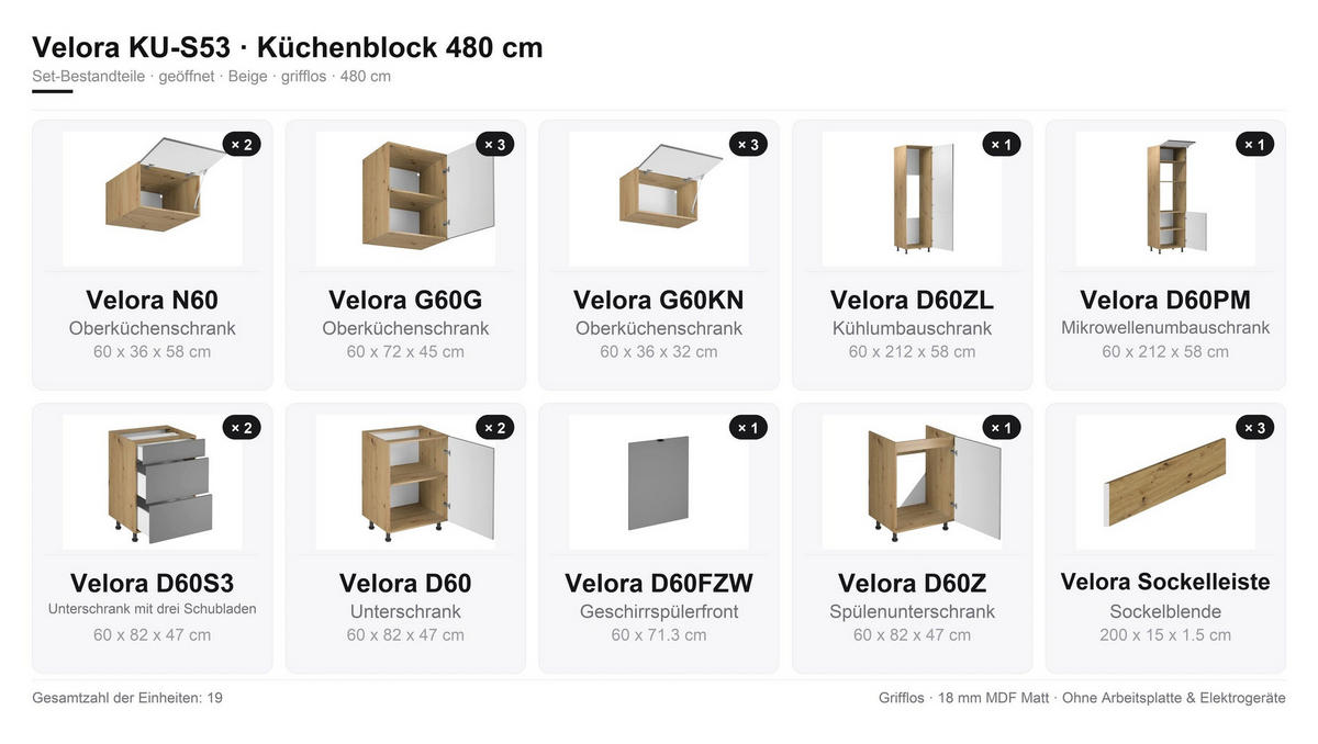 KÜCHENZEILE – Küchenblock 480 cm VELORA – KU-S53 – Beige - Beige, Holzwerkstoff (480/248/58cm) - hi-markt