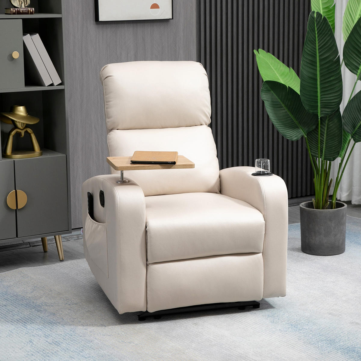 RELAXSESSEL Massagesessel Fernsehsessel mit Massagefunktion, Drehbarer Tisch - Beige, Metall (93/105/77cm) - HOMCOM
