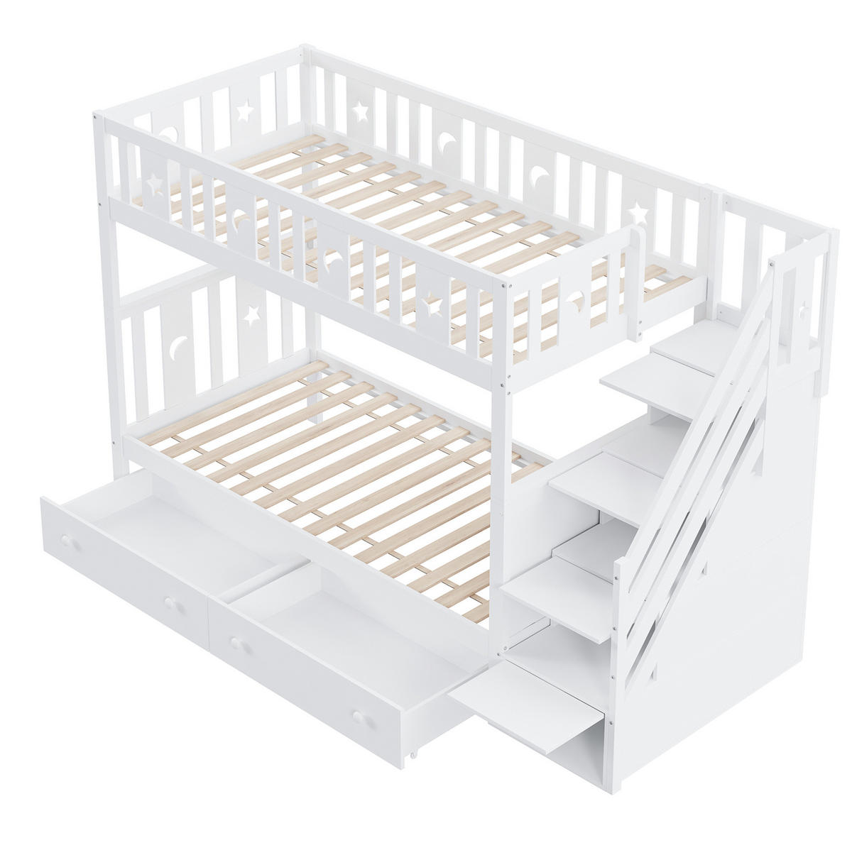 POSCHODOVÁ posteľ 90/200 cm biela s úložnými schodmi a 2 zásuvkami z borovicového dreva a MDF - biela, drevo (90/200cm) - OKWISH