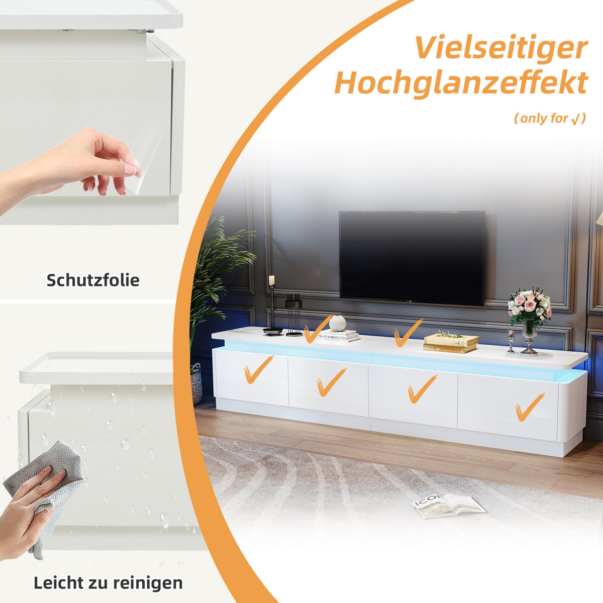 LOWBOARD 180/34/40 cm in Weiß aus Spanplatte mit LED-Beleuchtung und 4 Schubladen - Weiß, Holzwerkstoff (34/40/180cm) - OKMYHOME