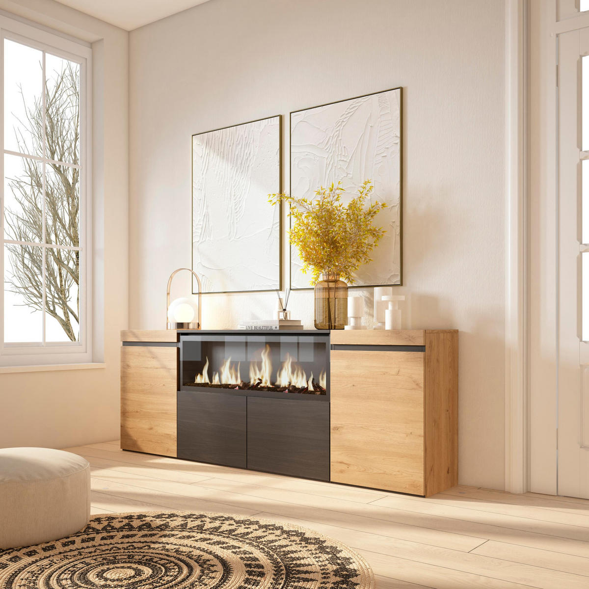 SIDEBOARD Highboard, Elektrokamin XXL, eiche, schwarz, 208/35/75cm - Eichefarben/Multicolor, Holzwerkstoff (208/75/35cm) - Skraut Home