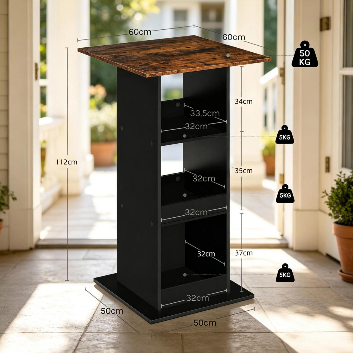 BARTISCH 60/60/109 cm in Schwarz und Rustikalbraun mit 3 Fächern - Schwarz, Holzwerkstoff (60/60/109cm) - BEAOK
