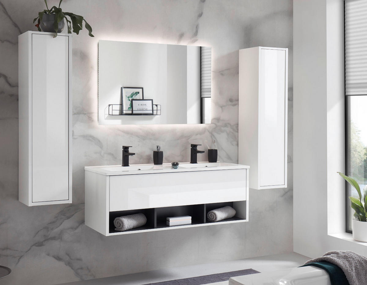 BADMÖBEL-SET weiß Hochglanz, grau, Komplettset mit Doppelwaschbecken und LED Beleuchtung - Weiß Hochglanz/Grau, Glas/Holzwerkstoff (200/190/47cm) - Furn.Design