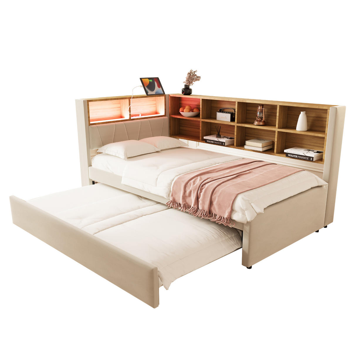 AUSZIEHBETT 90/200 cm in Beige mit LED-Beleuchtung und Stauraum - Beige, Textil (90/200cm) - Flora Grace