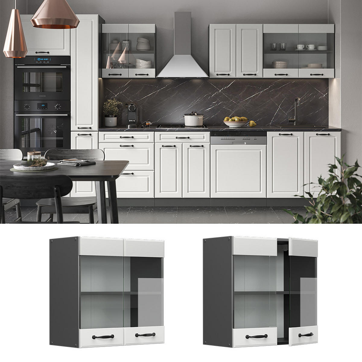 KÜCHENGLASSCHRANK R-Line Weiß Landhaus 60 cm - Anthrazit/Weiß, Holzwerkstoff (60/60/31cm) - Vicco