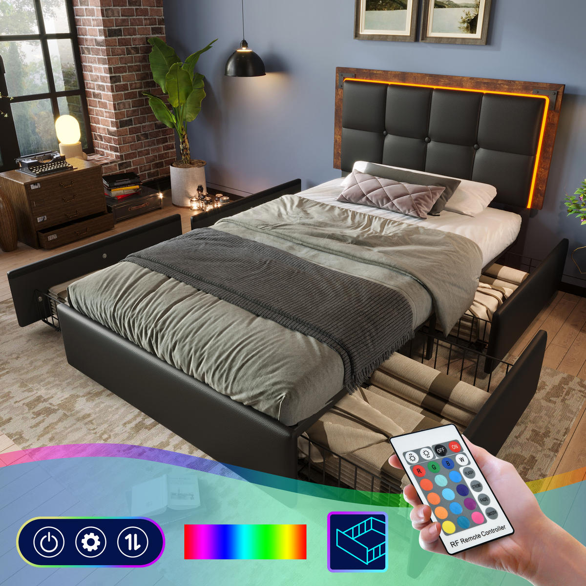 POLSTERBETT 90/200 cm Schwarz mit LED-Beleuchtung und 4 Schubladen - Schwarz, Kunststoff (90/200cm) - OKWISH