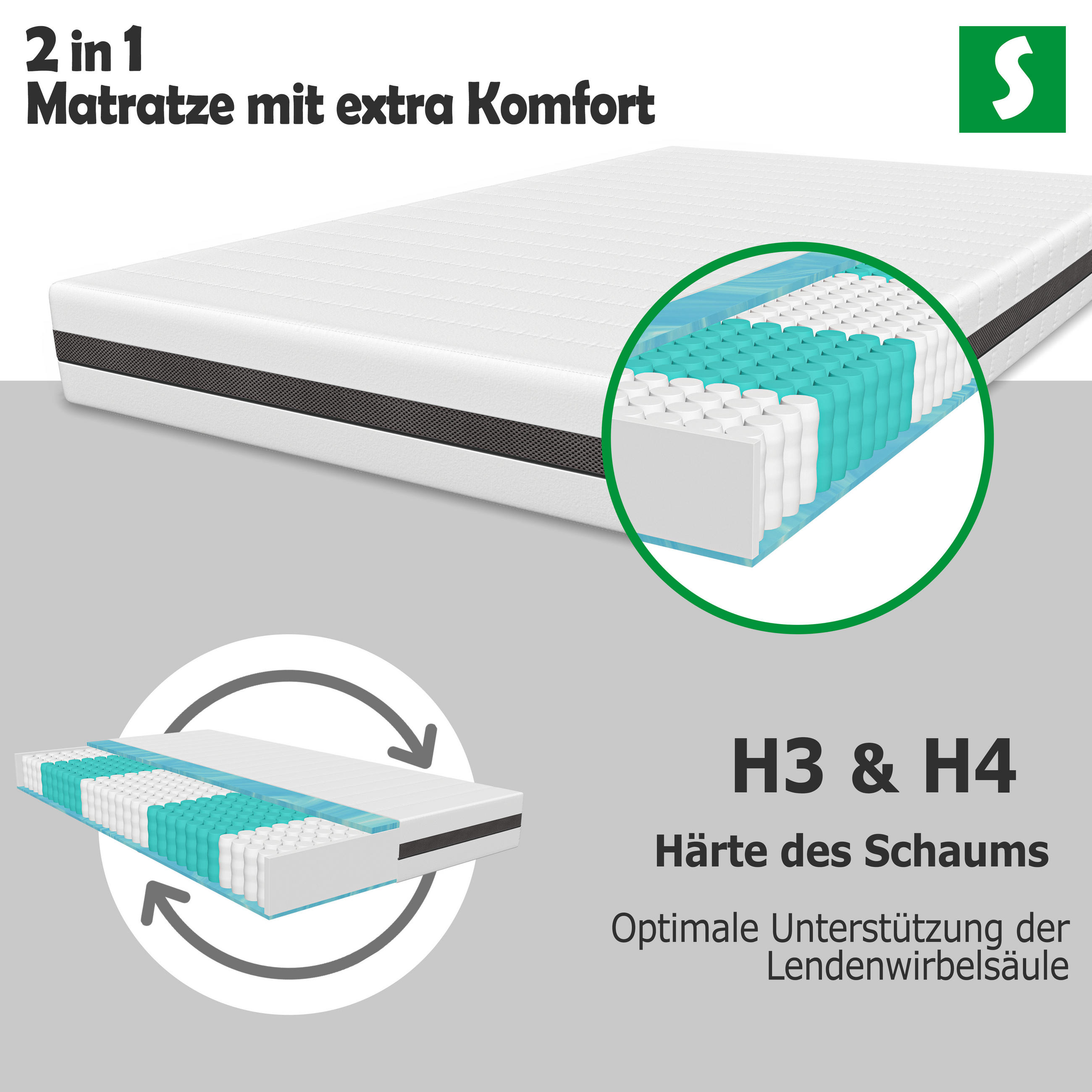 TASCHENFEDERKERNMATRATZE H3/H4 90x200 - Weiß, Textil (90/200cm) - Schlaftroll