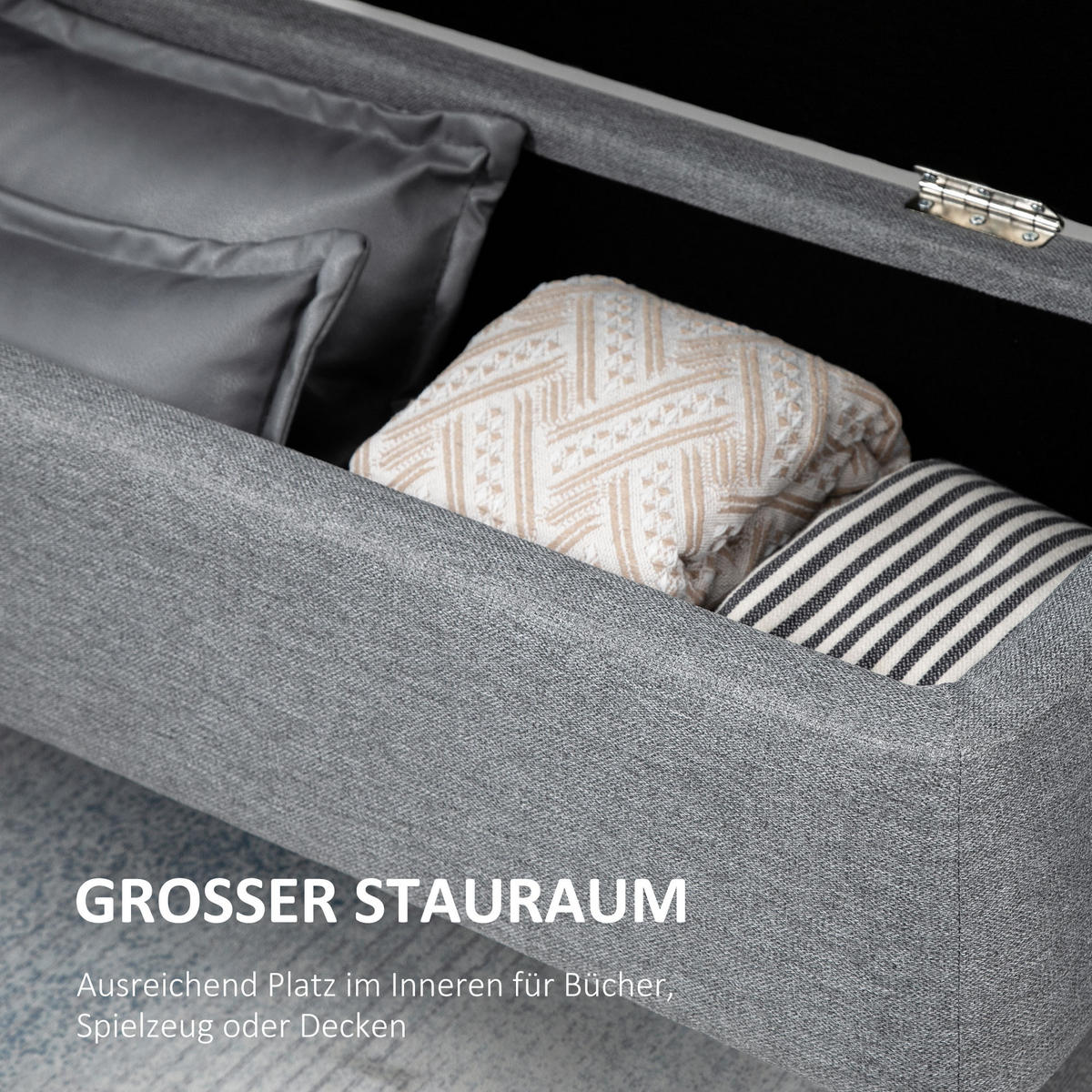 SITZBANK, Polsterbank mit Stauraum, Leinenoptik für Wohnzimmer, 101x38,5x44,5 cm - Grau, Kunststoff (38.5/44.5/101cm) - HOMCOM