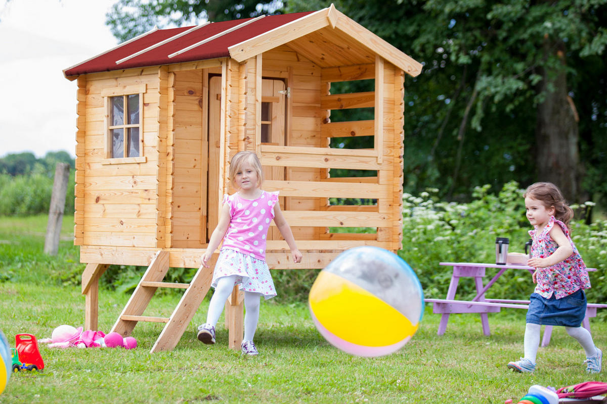 KINDERSPIELHAUS aus Holz - B146xL181xH205 cm/1,1m2 - M501B - Beige, Holz (146/205/182cm) - Timbela