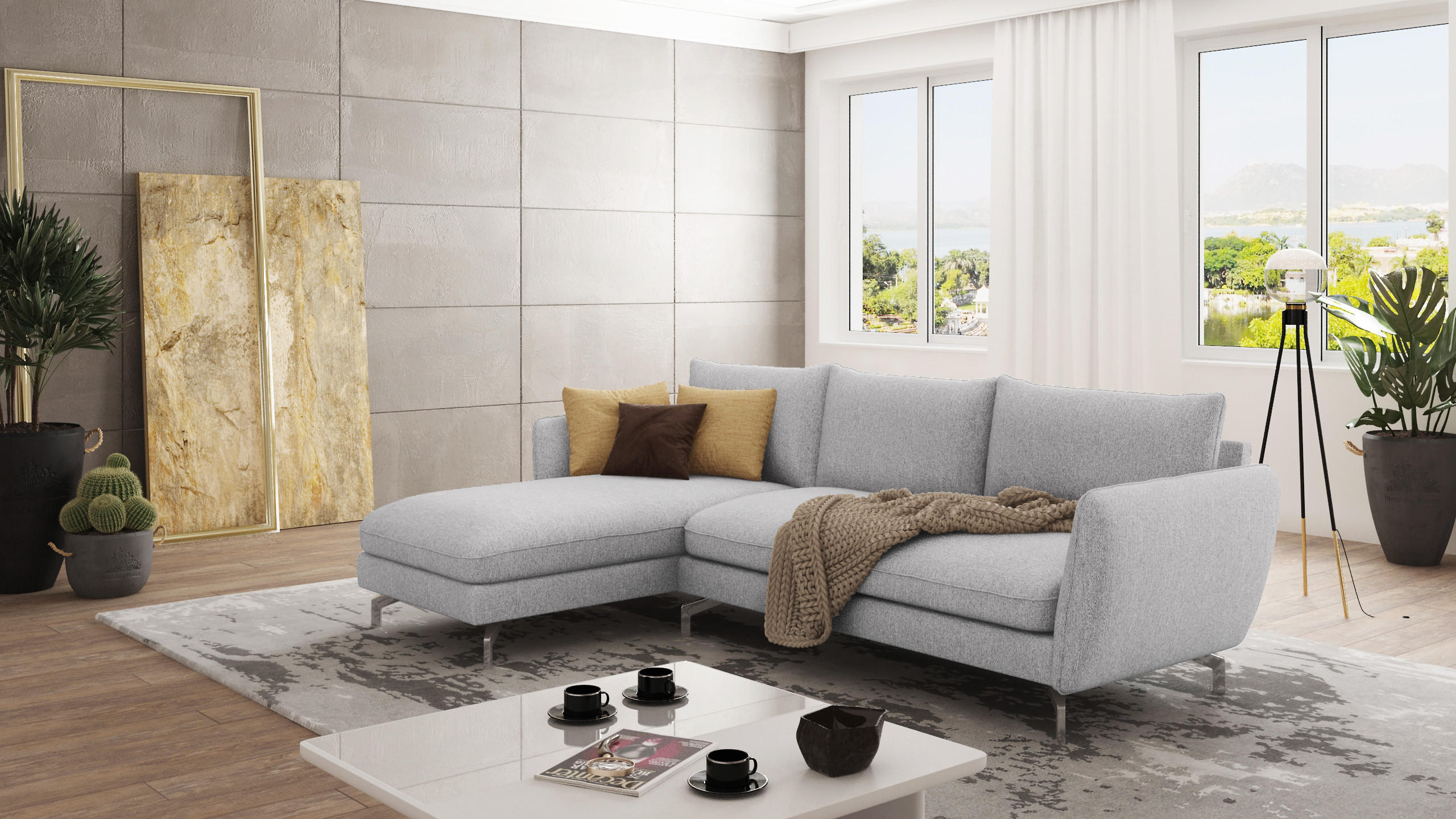 ECKSOFA Elou Silber Microfaser - Chromfarben/Silberfarben, Holz/Textil (261/167cm) - S-Style Möbel