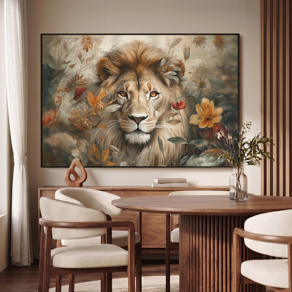 LEINWAND Bilder mit Rahmen - Löwe - Wildtiere - Pflanzen - Natur - Blumen - 120x80 - Beige, Textil (120/80cm) - MuchoWow