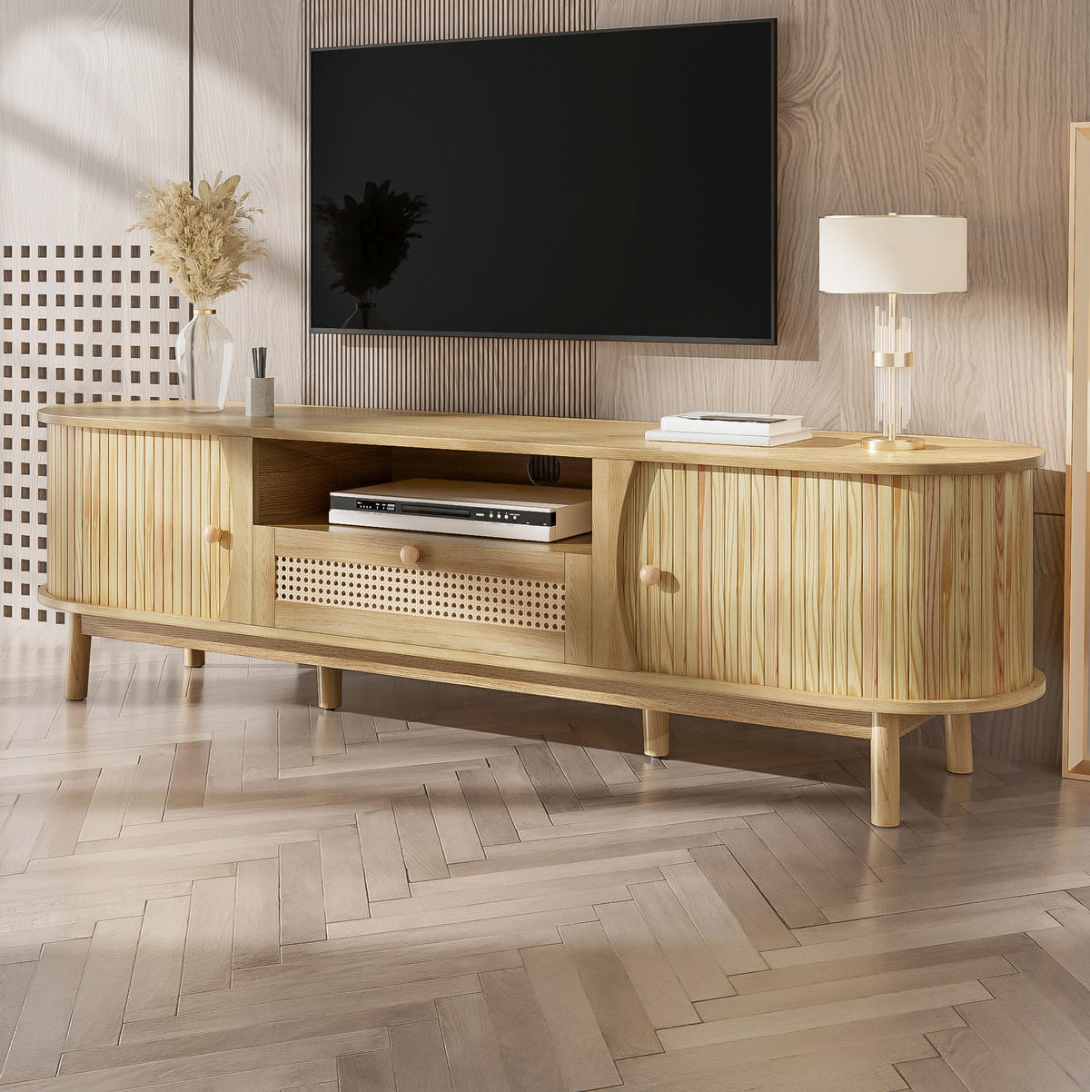 TV-LOWBOARD 165/37/46 cm natur aus MDF mit Rattanfronten und Schiebetür - Naturfarben, Holzwerkstoff (37/46/165cm) - OKWISH