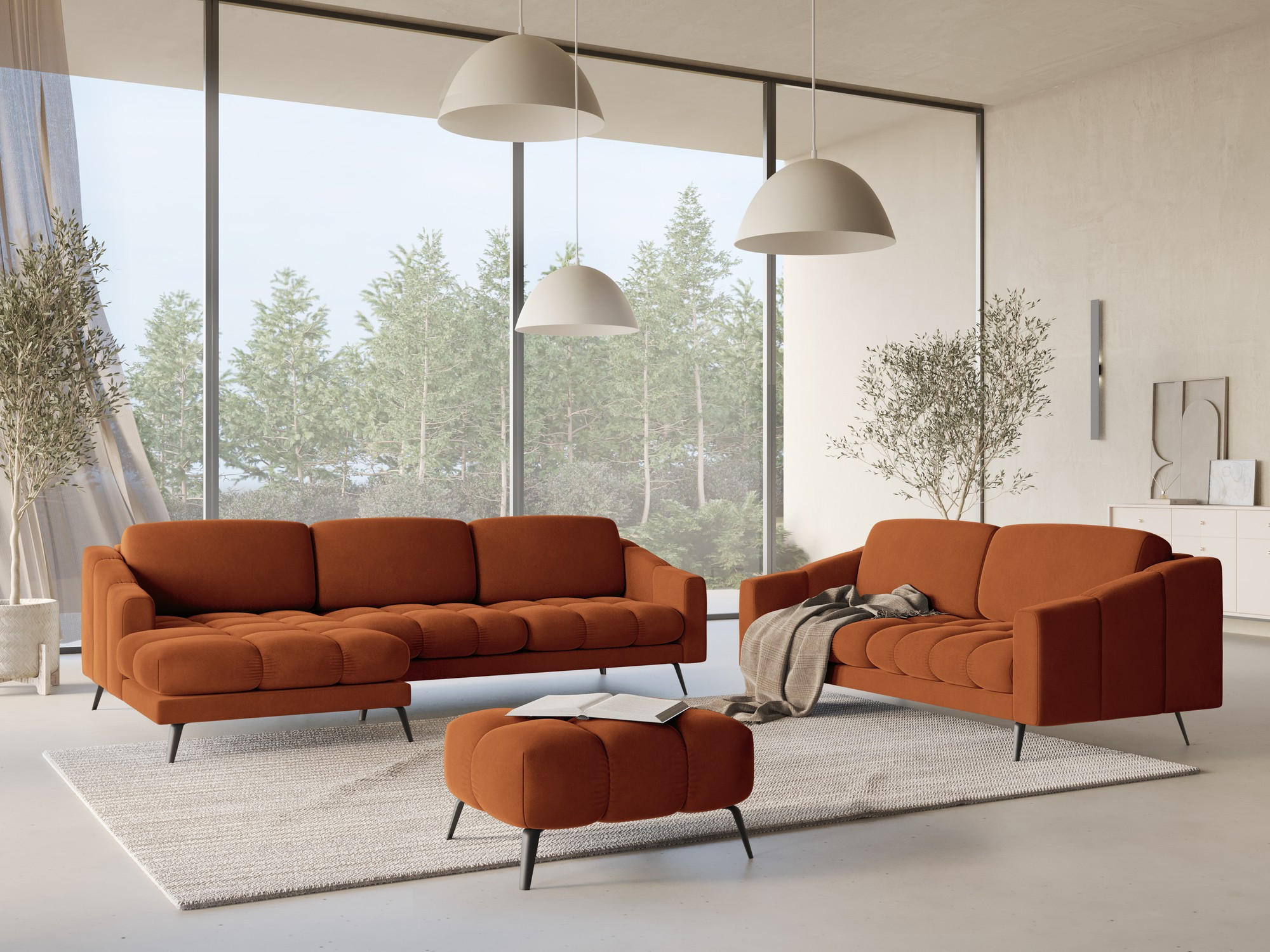 ECKSOFA Links Samt Stoff Orange - Terracotta/Schwarz, Textil/Metall (160/264cm) - Makamii