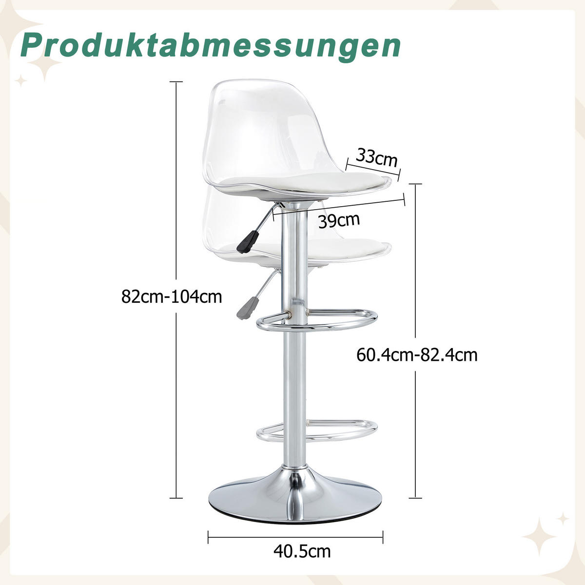 BARHOCKER 2er-Set Weiß und Silber mit Rückenlehne, höhenverstellbar und drehbar - Weiß, Metall (33/82/40.5cm) - PANGIVO