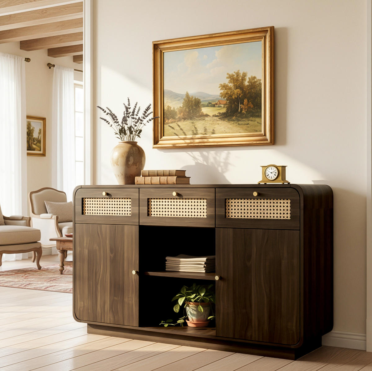 SIDEBOARD 120/40/85 cm in Nussbaum mit Rattanfronten, 3 Schubladen und 2 Türen - Walnussfarben, Holzwerkstoff (120/85/40cm) - Flora Grace