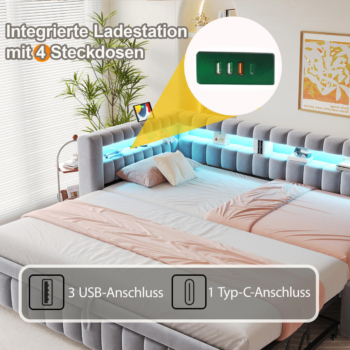 POLSTERBETT 90x200 Hellgrau Samt LED USB - Hellgrau, Textil (90/200cm) - FLIEKS