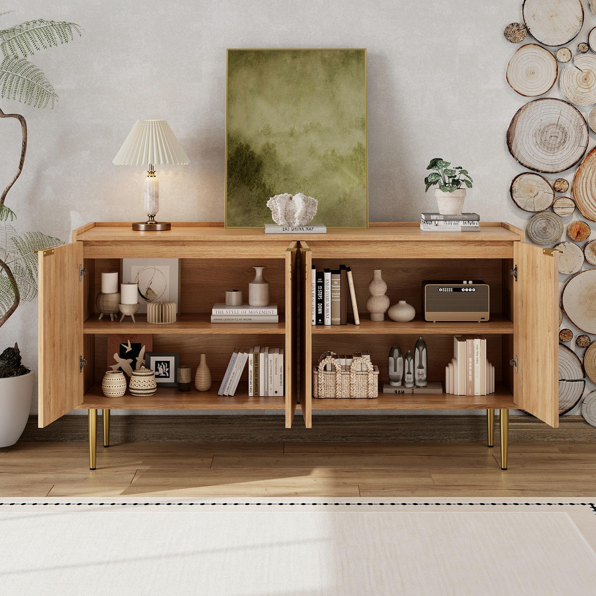 SIDEBOARD 140x75x38 cm, 4 Türen, Goldfüße, Naturfarben - Kastanienfarben, Holz (140/75/38cm)