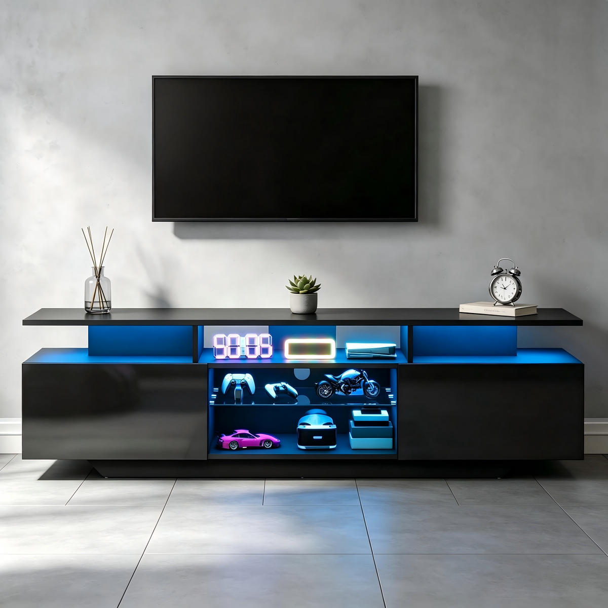 TV-ELEMENTFERNSEHSCHRANK Schwarz 160x40x45cm-TV-Board Hochglanz mit LED-App-Steuerung - Schwarz, Holz (50.5/14.99/76cm) - Raelunyi
