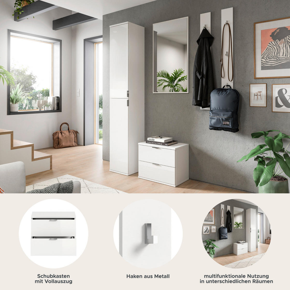 GARDEROBE Set 5-teilig weiß Hochglanz 153 cm, Flurmöbel mit viel Stauraum - Chromfarben/Weiß Hochglanz, Holzwerkstoff/Kunststoff (153/193/34cm) - Inn.Furn