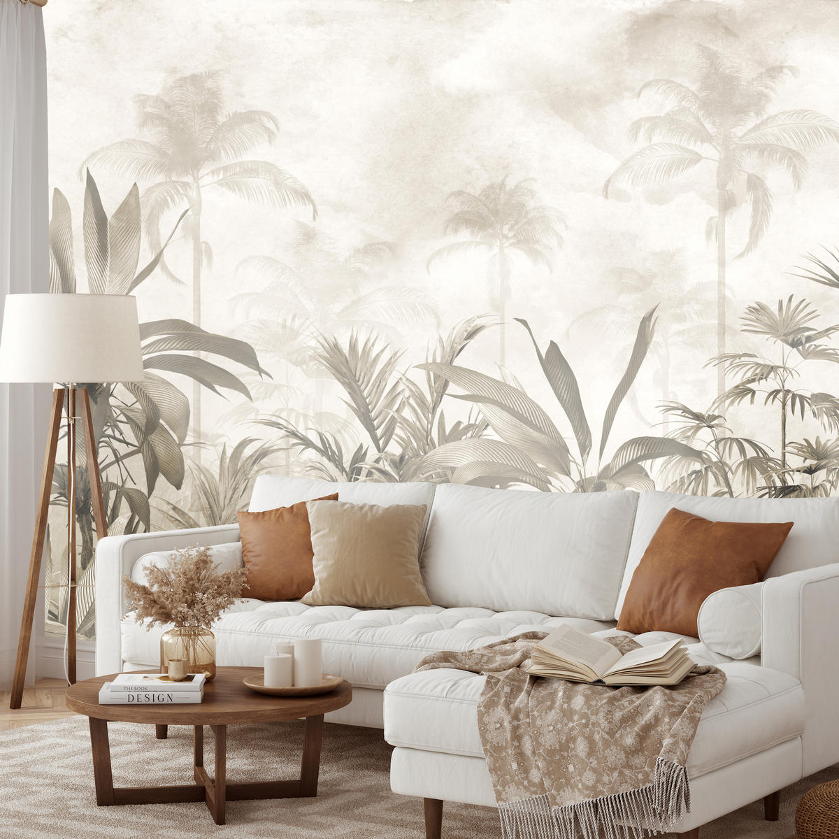 FOTOTAPETE für Wohnzimmer Vintage Tropischer Wald Palmen Blätter 200x140 - Beige/Grau, Papier (200/140cm) - Muralo