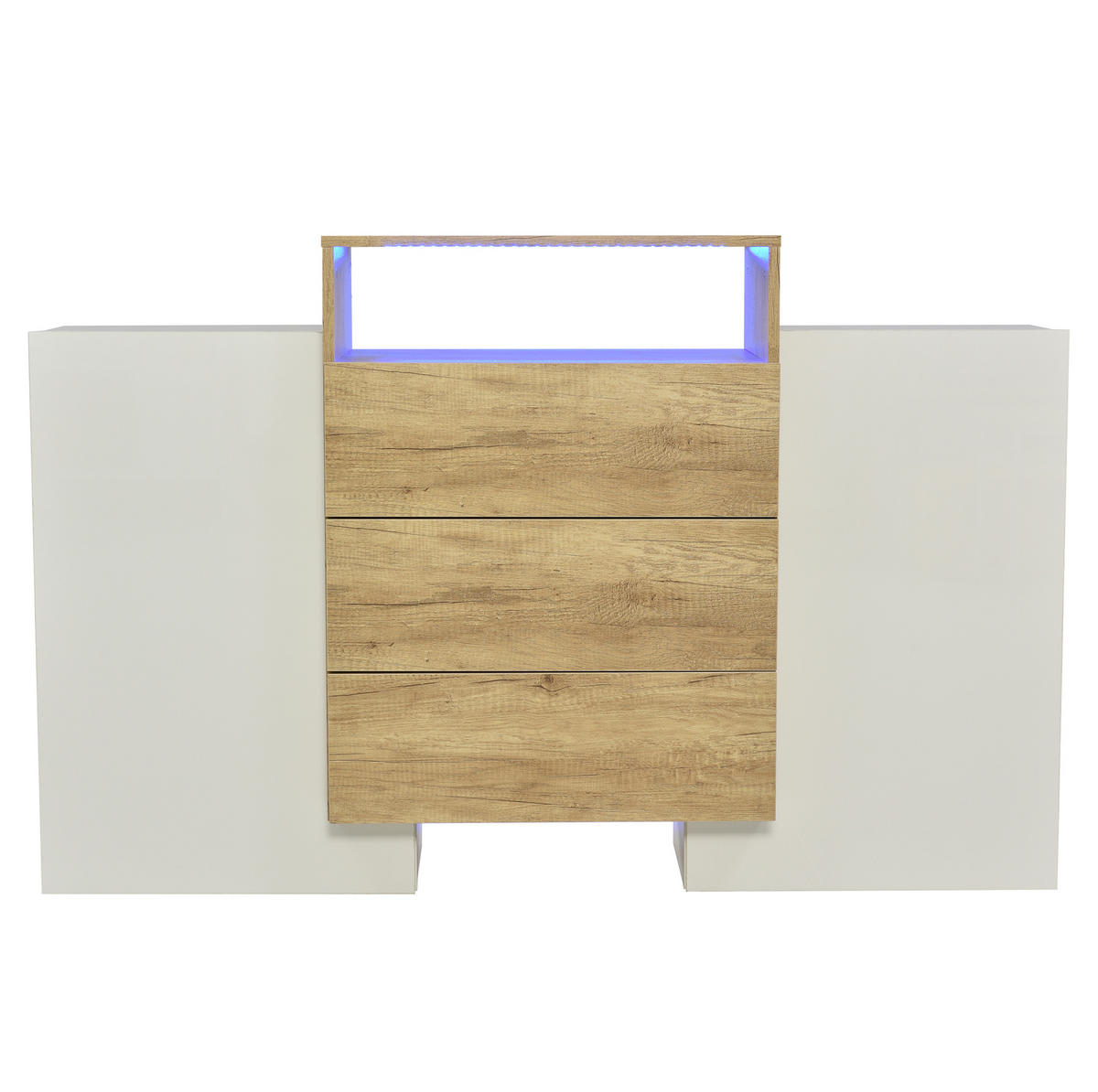SIDEBOARD aus MDF in Hochglanz mit Holzoptik, 2 Türen, 3 Schubladen, mehrfarbiges LED-Strip, 140/30/77,5 cm, Weiß - Weiß, Holzwerkstoff (140/77.5/30cm) - Redom