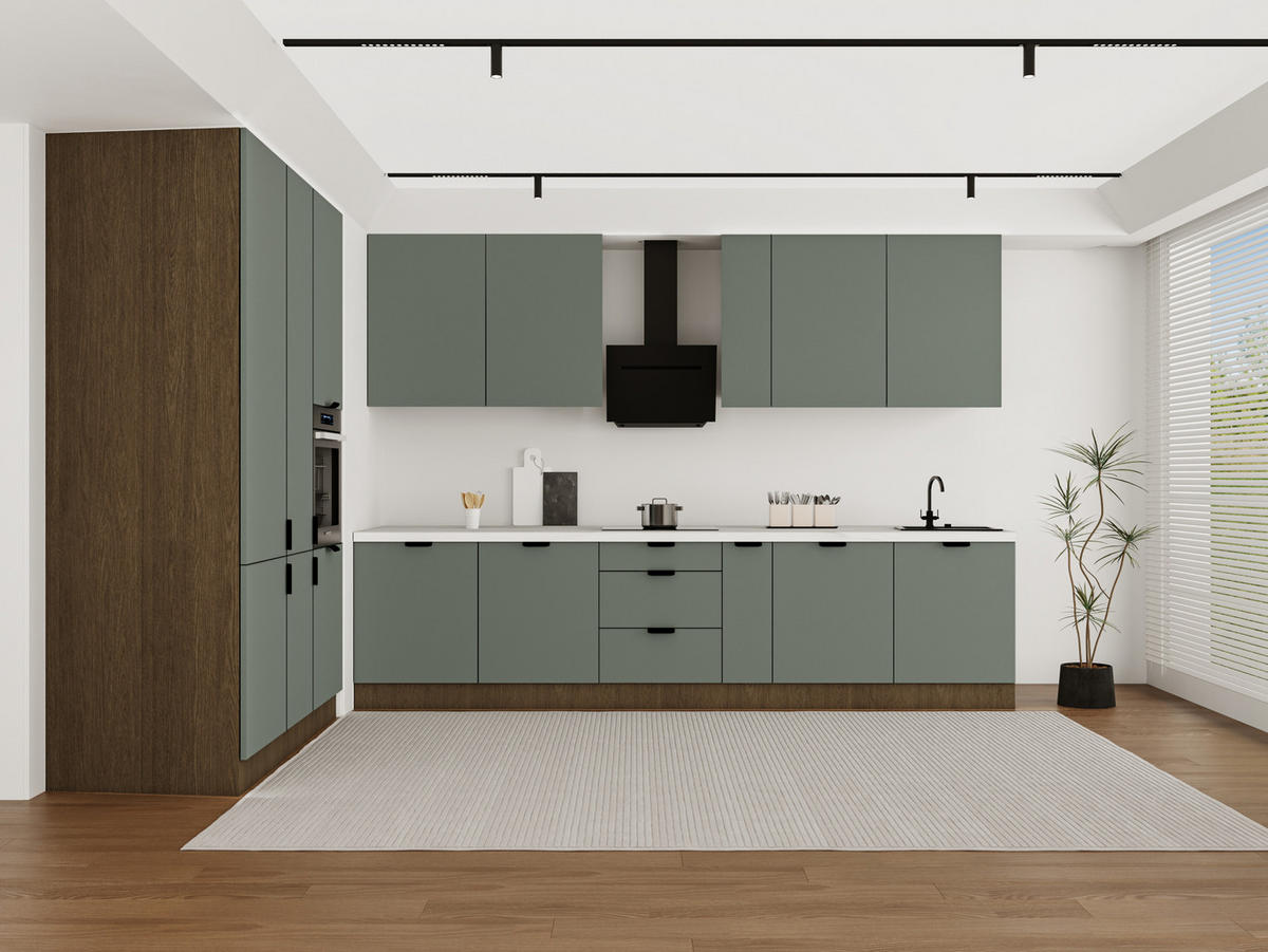 KÜCHENZEILE 320 x 160 cm - Sorento KS13-M320 - in Grün / Dunkle Eiche - Eichefarben/Schwarz, Holz/Metall (480/247/58cm)