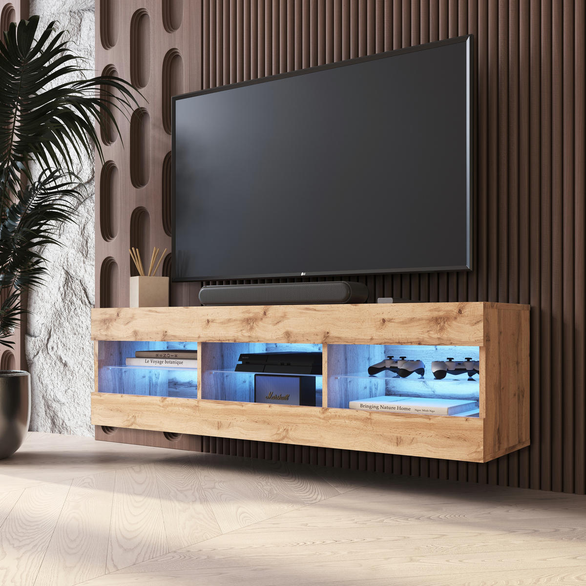 LOWBOARD TIVOLI RTV 140, Wotan, LED Blau - Eiche Wotan, Glas/Holzwerkstoff (140/40.5/35.5cm) - Komodee