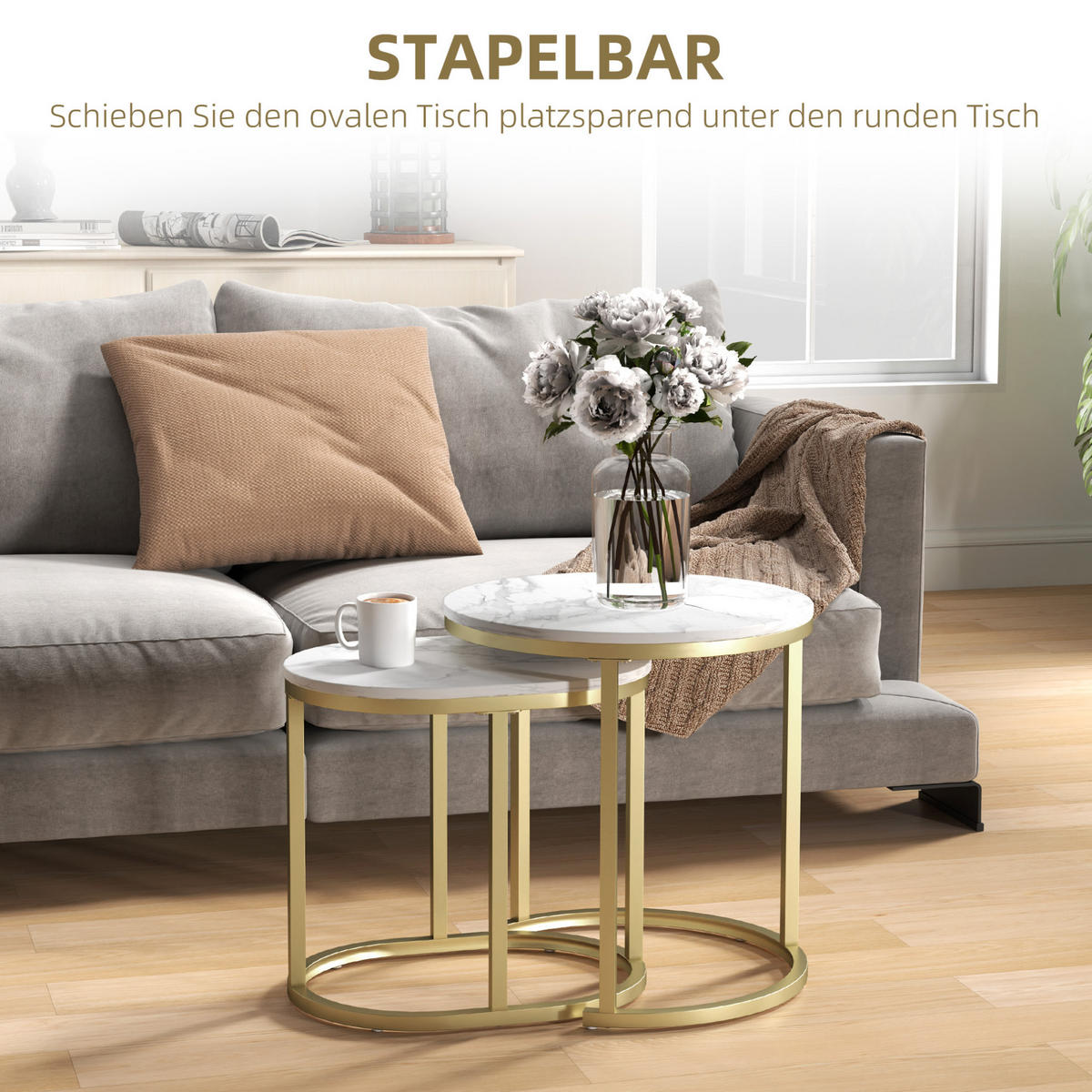 COUCHTISCH-SET 50/50/50,5 cm und 60/36/43,5 cm stapelbar mit MDF-Platte und Stahlrahmen, Weiß - Weiß, Holzwerkstoff (50/50/50.5cm) - Redom