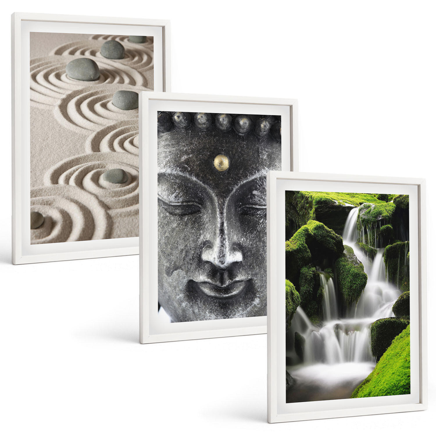 BILDER SET 3er Set - 40x60 cm Weißer Rahmen - Der Frieden der Steine des Buda Zen-Wasserfalls - Weiß, Kunststoff (40/60cm) - TULUP