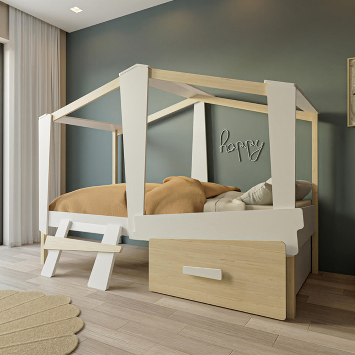 HAUSBETT 90x200 cm mit Schublade Weiß und Eichedekor - CABANE - Weiß, Holzwerkstoff - Calicosy